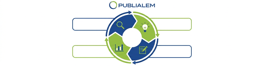 Infografía del ciclo mensual de SEO en cuatro pasos: diagnóstico, investigación, producción y análisis