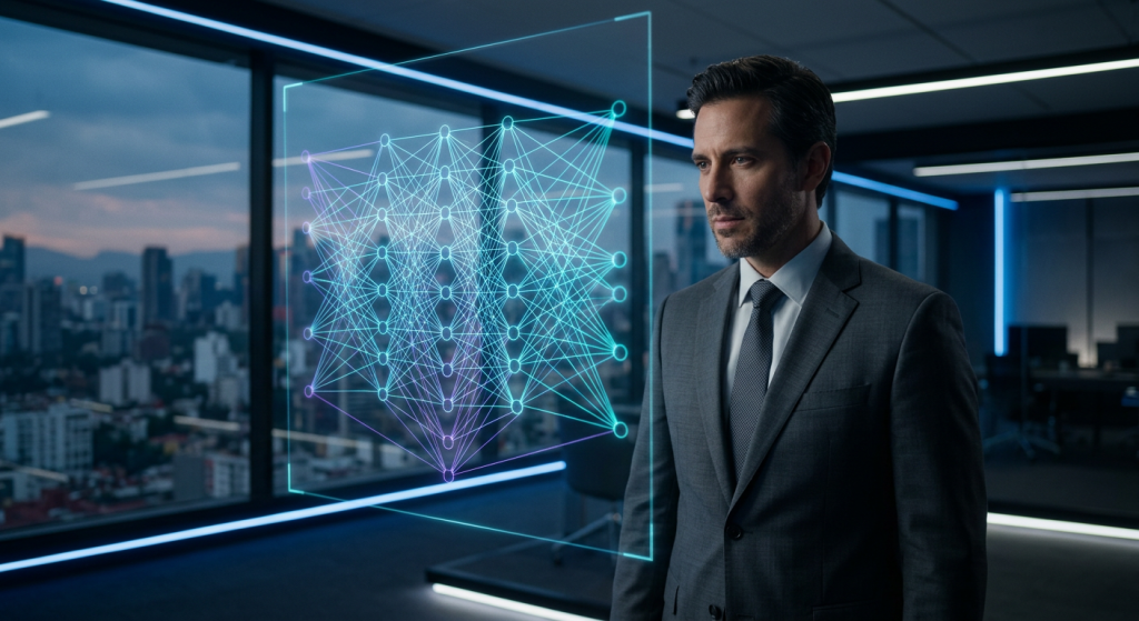 Una dueña de negocio visualiza una red neuronal compleja de IA analizando datos de mercado y de búsqueda para guiar la estrategia SEO hacia el dominio digital, en una oficina corporativa moderna B2B.