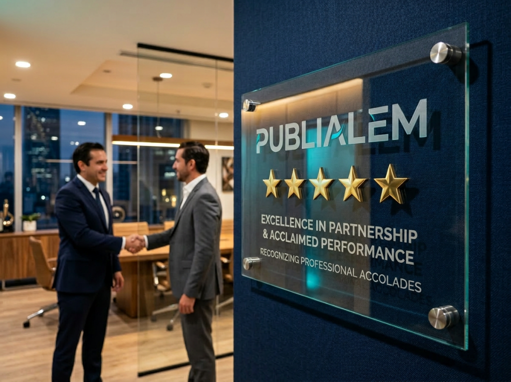 Placa de reconocimiento de autoridad social y cinco estrellas para Publialem, con profesionales estrechando la mano en una oficina de CDMX, simbolizando confianza en SEO local.
