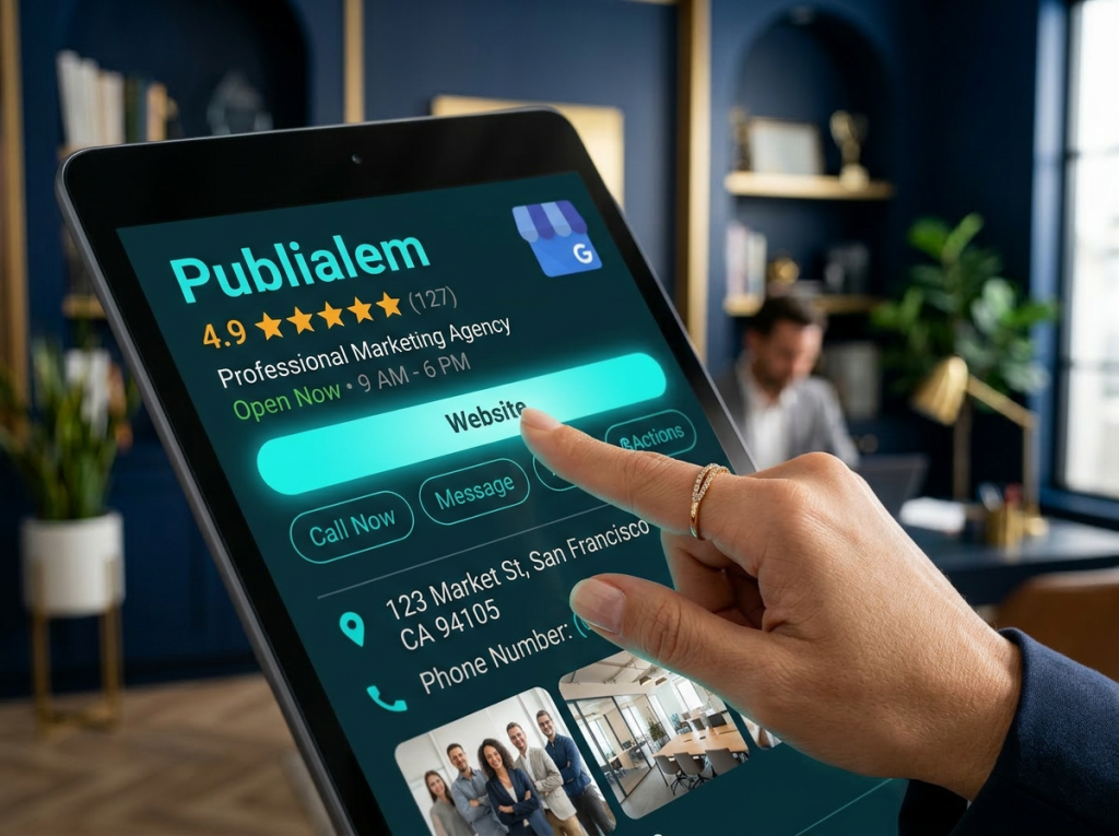 Interfaz digital de un perfil de Google Business Profile optimizado para Publialem, mostrando reseñas de cinco estrellas y botones de contacto sobre un fondo de oficina profesional en tonos azul marino y dorado en CDMX.