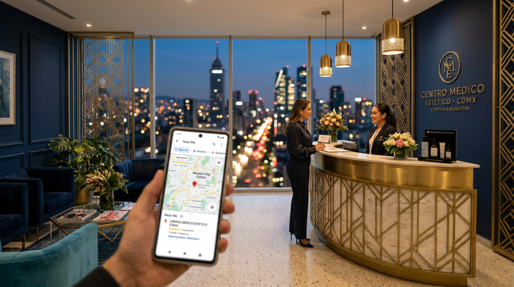 Estrategia de SEO local para clínicas estéticas en CDMX mostrando posicionamiento en búsquedas cerca de mí y entorno profesional de Alem.