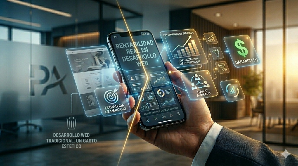 Comparativa visual de alto contraste entre un desarrollo web estético tradicional y un desarrollo web estratégico con enfoque de rentabilidad real y Profit First para PyMEs sólidas en México - PubliAlém