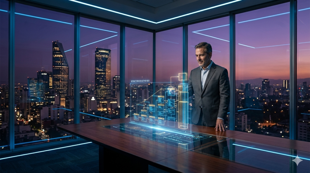 "Un empresario en una oficina corporativa analizando una estructura de datos holográfica que representa el SEO estratégico como un activo financiero sólido para el crecimiento de su negocio."