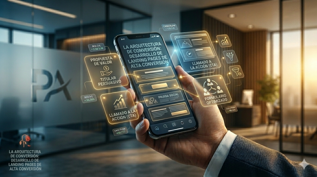 Visualización de la anatomía de una Landing Page de alta conversión desglosada en capas de Arquitectura de Conversión: Propuesta de Valor, Titular Persuasivo, Prueba Social, Formulario y Llamado a la Acción (CTA) para PyMEs sólidas en México - PubliAlém