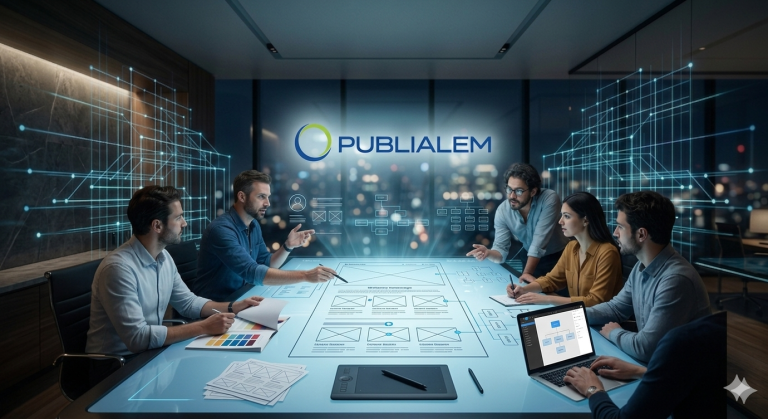 Equipo de PubliAlém colaborando en una mesa holográfica de Arquitectura de Conversión y Diseño UX/UI orientado a rentabilidad de negocios - PubliAlém