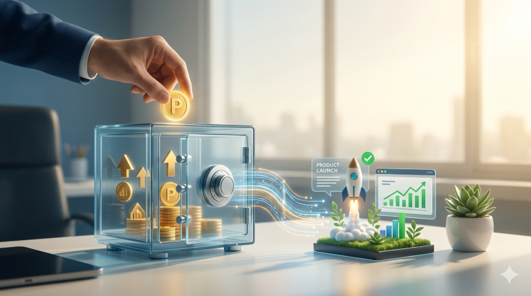 Estrategia de Profit First y marketing rentable para PyMEs: mano colocando moneda de oro en caja fuerte transparente conectada a un ecosistema de crecimiento digital, estilo minimalista de PubliAlém.