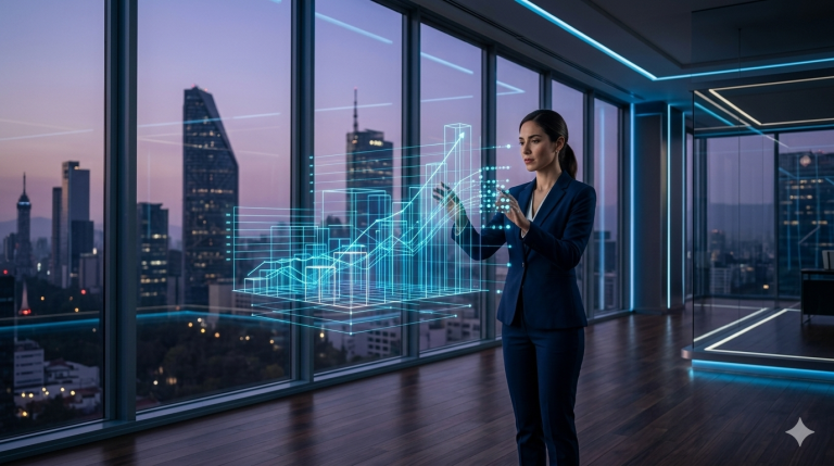 Una empresaria interactúa con una estructura de datos holográfica en una oficina moderna, visualizando el dominio del mercado digital a través del SEO.