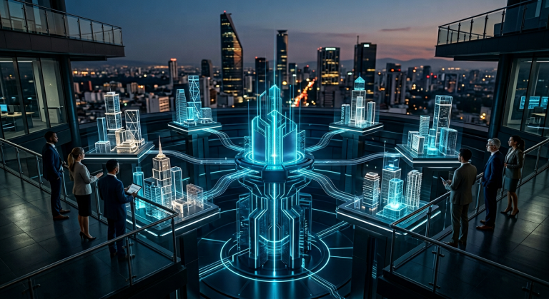 Visualización 3D de una arquitectura de negocios inteligente diseñada por Alem.com.mx; muestra un ecosistema de datos interconectados, automatización de procesos y nodos de conversión estratégica sobre un entorno corporativo de alta gama en la Ciudad de México.