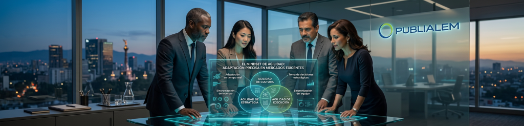 "Imagen corporativa que muestra a un equipo diverso de cuatro ejecutivos (dos hombres y dos mujeres) en una sala de reuniones de rascacielos con vista a la Ciudad de México al anochecer. Los profesionales están de pie alrededor de una mesa tecnológica táctil que proyecta una interfaz holográfica en español sobre el 'MINDSET DE AGILIDAD: ADAPTACIÓN PRECISA EN MERCADOS EXIGENTES'. El diagrama interactivo destaca los pilares de 'Agilidad de Estrategia', 'Agilidad de Cultura' y 'Agilidad de Ejecución', con subcategorías como 'Adaptación en tiempo real' y 'Sincronización del equipo'. El logotipo de PUBLIALEM es visible en una pared de cristal a la derecha. El fondo presenta el Monumento a la Independencia (El Ángel) iluminado."