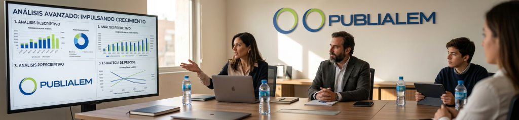 "Dashboard de Business Intelligence de PUBLIALEM en una sala de juntas, mostrando la convergencia de Web, CRM, SEO y Pauta Publicitaria a través de análisis descriptivo, predictivo y prescriptivo para el crecimiento de PyMEs."