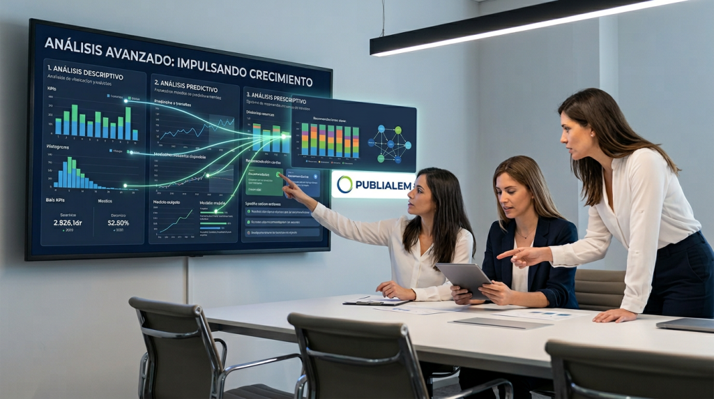 "Equipo ejecutivo de PUBLIALEM analizando un tablero de Business Intelligence para PyMEs en una sala de juntas. La pantalla muestra gráficas de análisis descriptivo, predictivo y prescriptivo bajo el título 'ANÁLISIS AVANZADO: IMPULSANDO CRECIMIENTO', con el logotipo de PUBLIALEM integrado en la interfaz de datos."