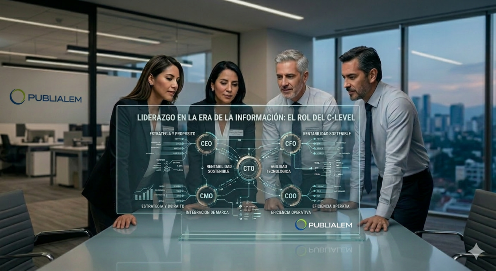 "Banner corporativo de Alem.com.mx titulado 'LIDERAZGO EN LA ERA DE LA INFORMACIÓN: EL ROL DEL C-LEVEL'. La imagen muestra a un equipo ejecutivo de alto nivel colaborando frente a una pantalla holográfica avanzada que desglosa las responsabilidades clave por puesto: CEO (Estrategia y Propósito), CFO (Rentabilidad Sostenible), CMO (Integración de Marca), COO (Eficiencia Operativa) y CTO (Agilidad Tecnológica). Sobre la mesa de juntas se integran elementos simbólicos: libros antiguos que representan el conocimiento, una llave de bronce para el acceso a nuevas oportunidades, y herramientas de precisión como un calibrador vernier y engranajes. El fondo presenta una oficina moderna con vista al skyline de la ciudad al atardecer, proyectando una imagen de autoridad, visión integral y liderazgo transformador en la economía digital."