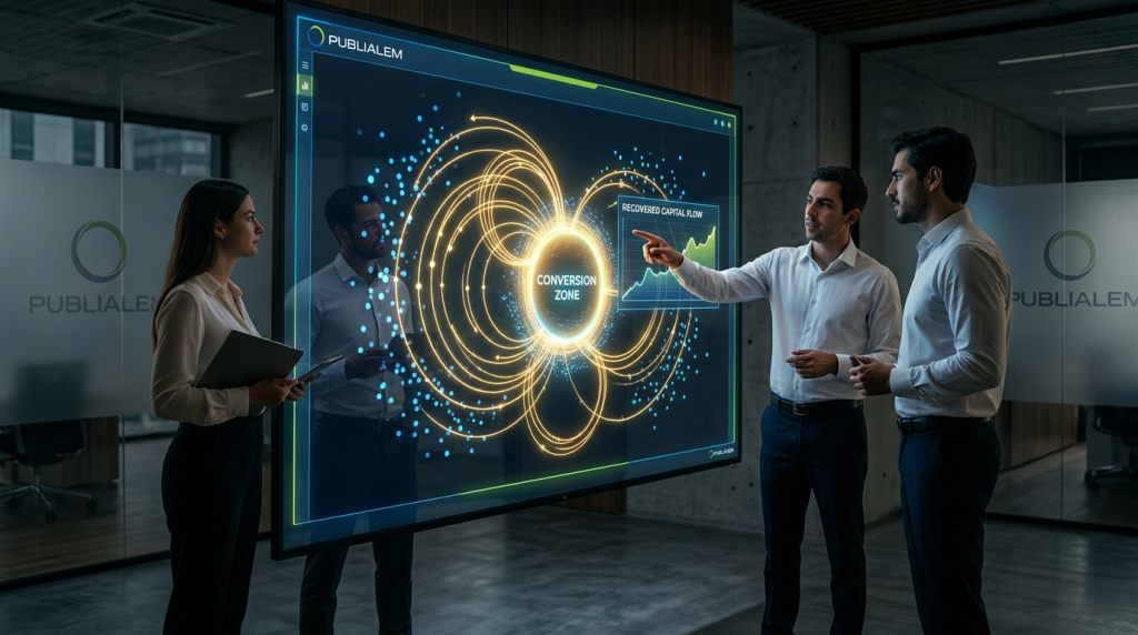 Estrategia de Retargeting de PUBLIALEM para recuperar leads y capital perdido. La imagen muestra un mapa de trayectoria del cliente con bucles de conversión y análisis de datos en una oficina moderna de publicidad en México.
