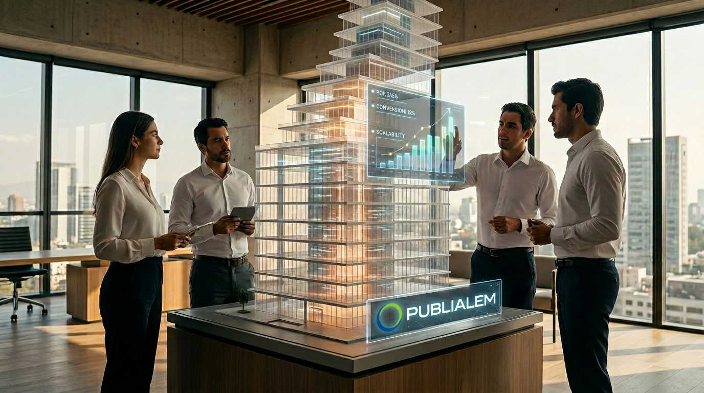 Profesionales de marketing digital en alem.com.mx analizan gráficos holográficos de ROI y conversión para un modelo de negocio en pleno escalamiento en CDMX. La imagen muestra la ciencia de datos aplicada a pautas publicitarias con retorno de inversión garantizado.