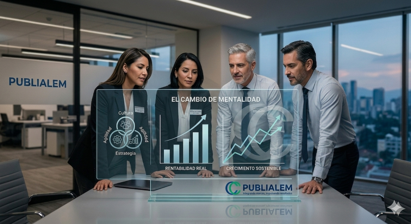Una imagen corporativa de alto nivel que muestra a un equipo de cuatro profesionales (dos mujeres y dos hombres) en una oficina moderna, analizando una pantalla de cristal holográfica transparente. La pantalla muestra gráficos de barras y líneas ascendentes titulados "EL CAMBIO DE MENTALIDAD", "RENTABILIDAD REAL" y "CRECIMIENTO SOSTENIBLE", junto a un diagrama de "Cultura, Estrategia y Agilidad". El logotipo de PUBLIALEM con el eslogan "Integrando marcas, impulsando resultados" aparece nítidamente en la base de la pantalla y de forma sutil en el fondo de la oficina.