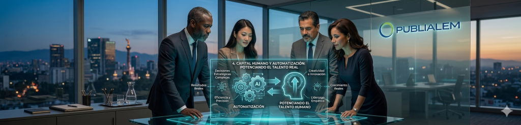 "Imagen corporativa panorámica de PUBLIALEM que muestra a un equipo ejecutivo de cuatro profesionales analizando una mesa táctil con una interfaz holográfica titulada '4. CAPITAL HUMANO Y AUTOMATIZACIÓN: POTENCIANDO EL TALENTO REAL'. El gráfico central ilustra la sinergia entre engranajes mecánicos con el icono de AI (Automatización) y un perfil humano iluminado (Potenciando el Talento Humano). La pantalla destaca conceptos clave como 'Decisiones Estratégicas Complejas', 'Creatividad e Innovación', 'Eficiencia y Precisión' y 'Liderazgo Empático'. El logotipo de PUBLIALEM aparece en una pared de cristal a la derecha, con una vista nocturna de la Ciudad de México y el Monumento a la Independencia al fondo, simbolizando el equilibrio entre tecnología avanzada y valor humano."