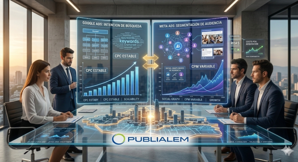 Comparativa estratégica de Google Ads vs Meta Ads para escalamiento de negocios. Expertos de la agencia PUBLIALEM analizan dashboards holográficos de intención de búsqueda y segmentación de audiencia sobre un mapa digital de CDMX.