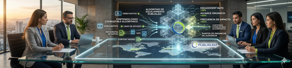 Estrategia de PUBLIALEM sobre el rol del contenido en el algoritmo de escalamiento. Expertos en marketing digital analizan nodos de contenido (video nativo, UGC e infografías) que alimentan un motor algorítmico central para maximizar el engagement y el alcance orgánico.