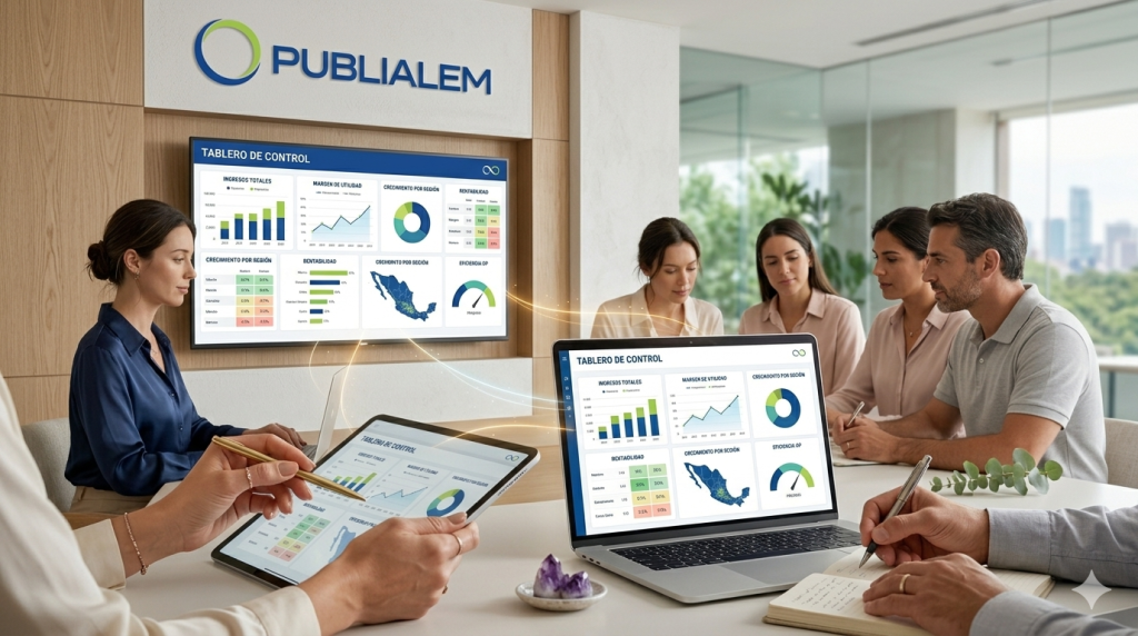 "Dashboard de Business Intelligence para PyMEs de PUBLIALEM mostrado en múltiples pantallas durante una reunión ejecutiva, con gráficos de rendimiento, mapas de México y análisis de datos en tiempo real."