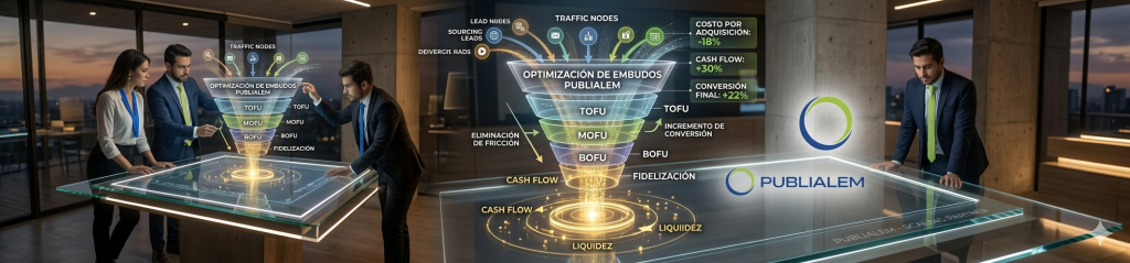 Visualización técnica de Optimización de Embudos (Funnel Hacking) por la agencia PUBLIALEM. Un tablero digital muestra el análisis de etapas del funnel (TOFU, MOFU, BOFU) diseñado para maximizar el flujo de caja y reducir el costo de adquisición.
