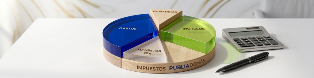 "High-end professional photography of a physical 3D pie chart made of polished light wood and colored translucent acrylic in Royal Blue and Lime Green. The chart slices are proportional to financial percentages. On a clean white minimalist desk, next to a sleek designer calculator and a premium pen. Bright natural lighting, corporate business aesthetic (PubliAlem
 style). Photorealistic, 8k, sharp focus on the chart divisions. Balanced and clean composition."
