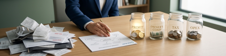 Representación visual de la metodología Profit First para PyMEs, mostrando la distribución estratégica de ingresos en cuentas de Ganancia, Impuestos y Operación para alcanzar rentabilidad real.