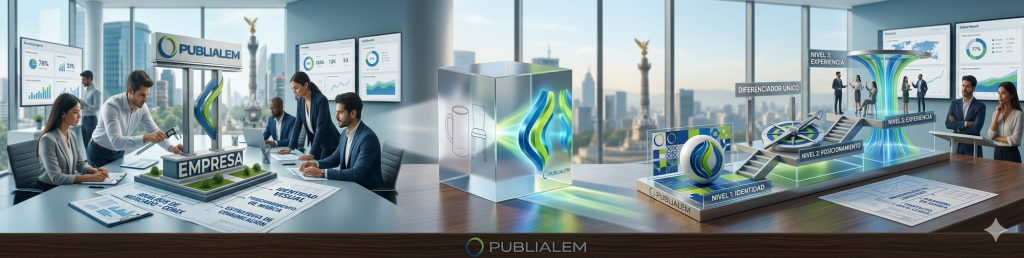 Infografía panorámica resumida de la agencia de marketing digital Publialem que unifica todo el ecosistema de marca: a la izquierda, el análisis estratégico corporativo; al centro, el prisma que transforma productos en marcas de valor; y a la derecha, la pirámide de los 3 niveles del branding (Identidad, Posicionamiento y Experiencia), con el Ángel de la Independencia de fondo en la CDMX.