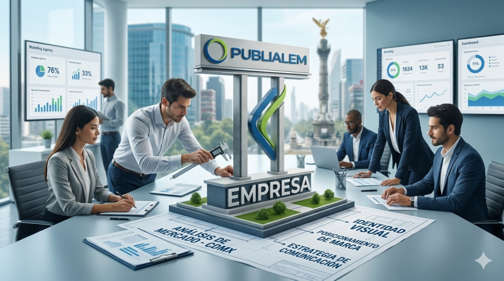 Infografía de una agencia de marketing digital en México donde un equipo corporativo diseña la estrategia de posicionamiento y branding para una empresa bajo el logotipo de Publialem, con planos técnicos y el Ángel de la Independencia en el fondo de la CDMX.