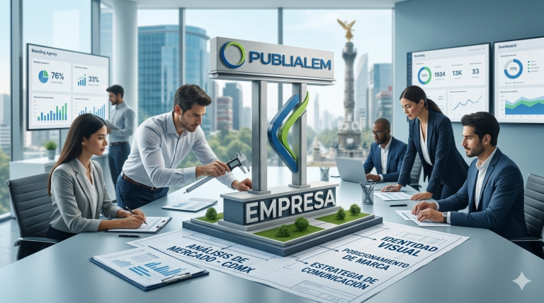 Infografía de una agencia de marketing digital en México donde un equipo corporativo diseña la estrategia de posicionamiento y branding para una empresa bajo el logotipo de Publialem, con planos técnicos y el Ángel de la Independencia en el fondo de la CDMX.