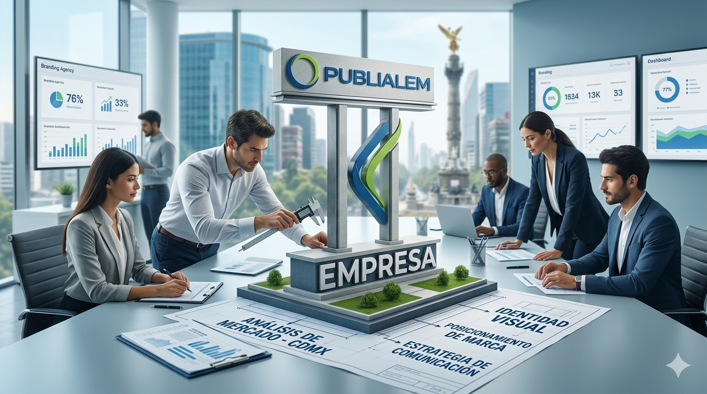 Infografía de una agencia de marketing digital en México donde un equipo corporativo diseña la estrategia de posicionamiento y branding para una empresa bajo el logotipo de Publialem, con planos técnicos y el Ángel de la Independencia en el fondo de la CDMX.