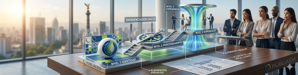 Infografía tridimensional de la agencia de marketing digital Publialem que muestra los 3 niveles del branding sobre un escritorio de madera: Nivel 1 Identidad con una esfera con el logotipo, Nivel 2 Posicionamiento representado por una brújula con flecha, y Nivel 3 Experiencia con un portal luminoso de interacción con el cliente, con la CDMX de fondo.