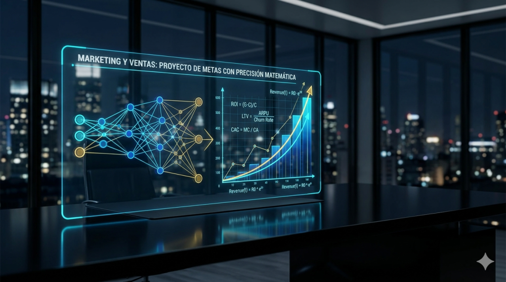 "Gráfico holográfico interactivo en una oficina nocturna de lujo, que muestra proyecciones de crecimiento exponencial, redes de datos y fórmulas matemáticas de KPIs de marketing (ROI, LTV, CAC) para el blog de consultoría de negocios alem.com.mx."