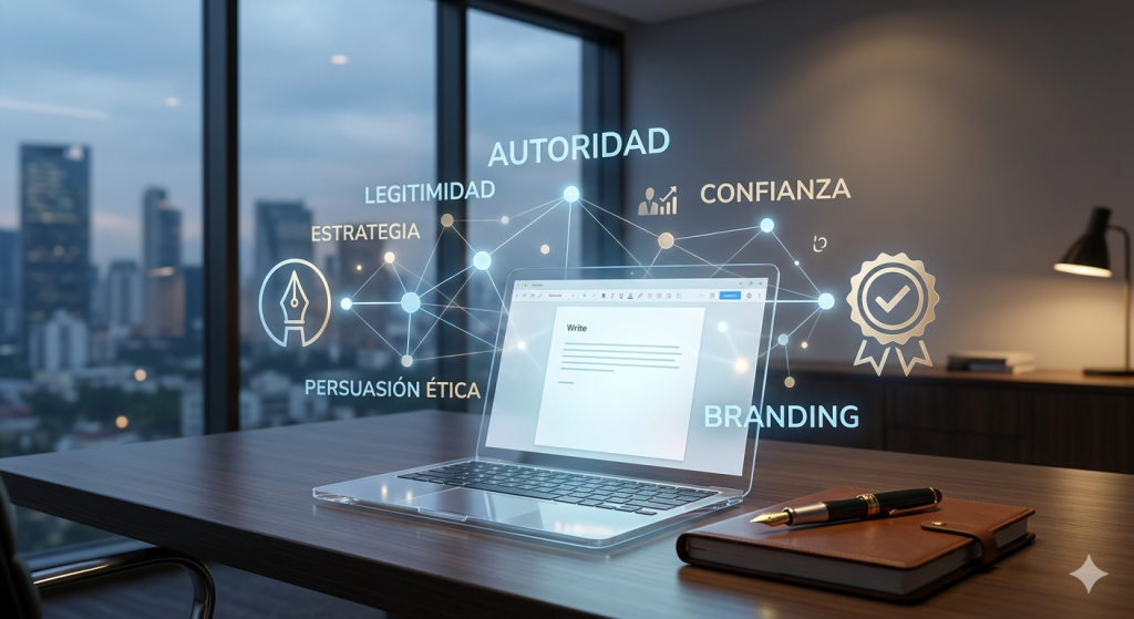 "Estación de trabajo moderna en una oficina ejecutiva al atardecer, mostrando un portátil que proyecta una red holográfica conceptual conectando una pluma fuente con un sello de excelencia, con palabras clave flotantes como 'Autoridad', 'Estrategia' y 'Confianza' en español, representando el copywriting de autoridad para alem.com.mx."