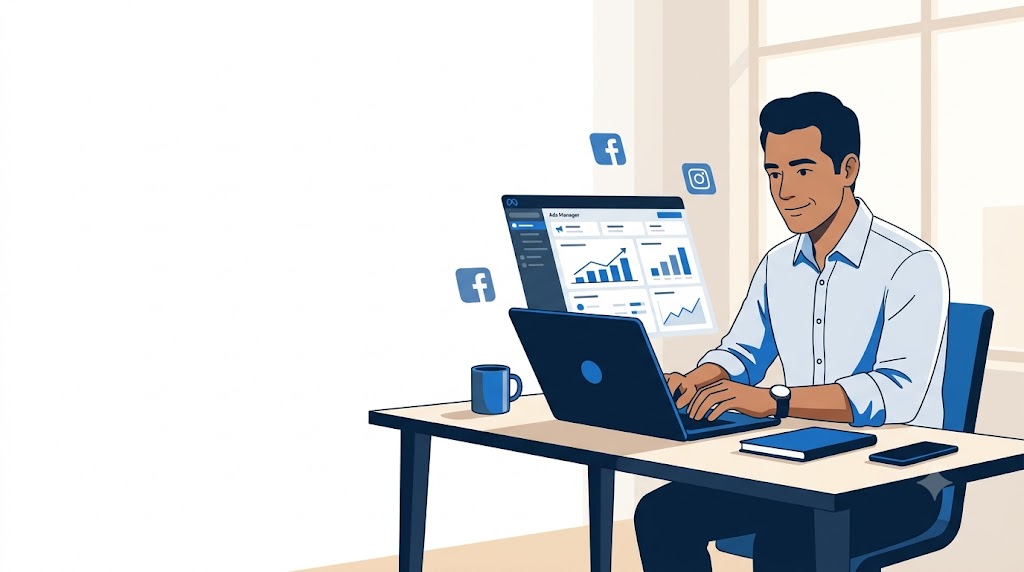 Dueño de PyME en México revisando campañas de Meta Ads en su laptop