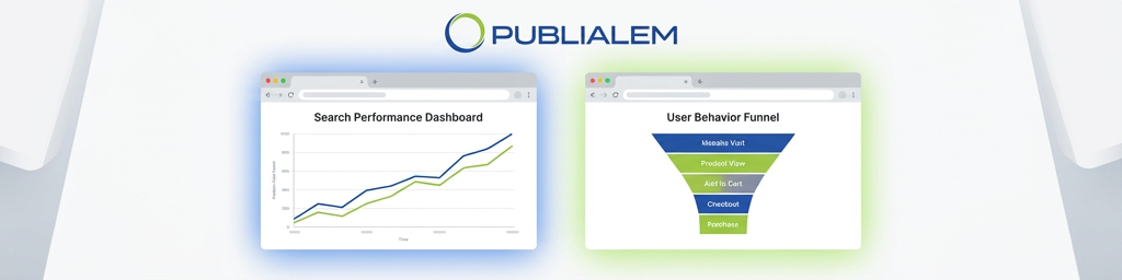 Dos pantallas mostrando gráficas de rendimiento SEO y analítica de usuarios, representando Google Search Console y Google Analytics 4