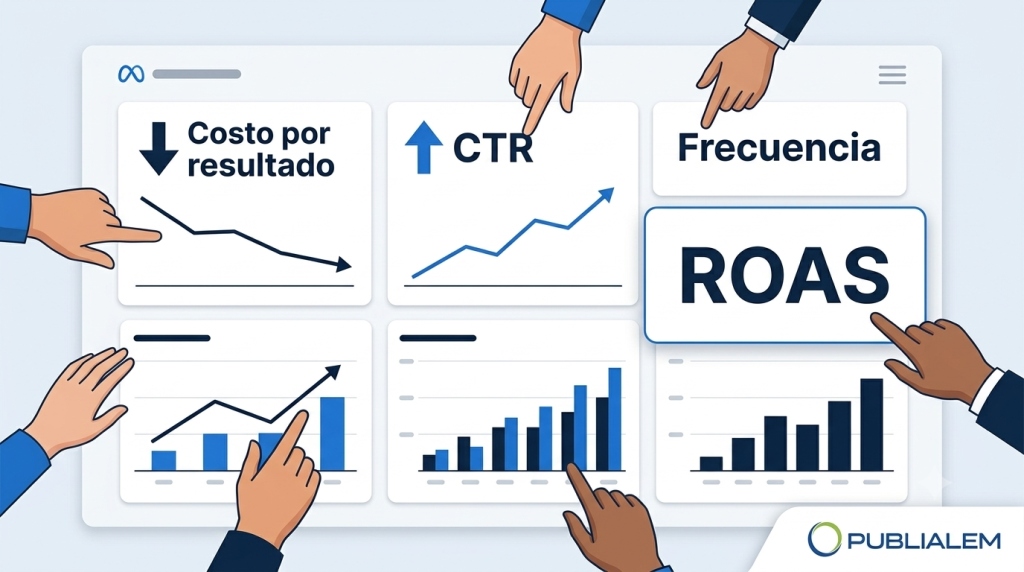 Tablero de KPIs de Meta Ads con CPL, CTR, frecuencia y ROAS
