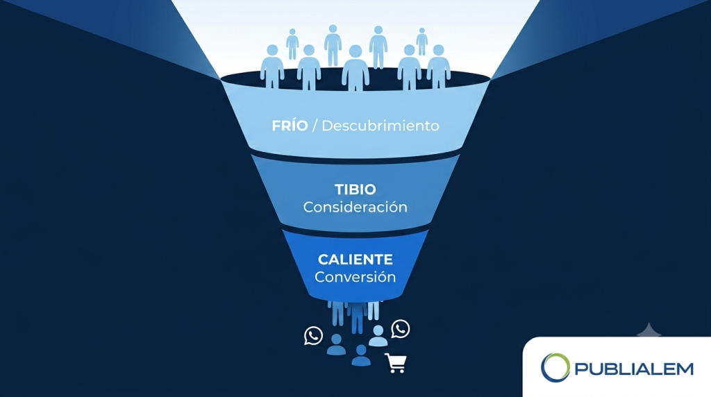 Embudo de Meta Ads con etapas frío, tibio y caliente para PyMEs