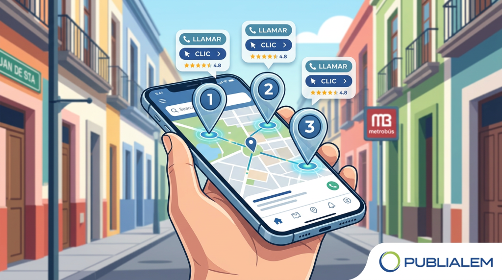 Búsqueda de un negocio cercano en el mapa desde un celular en una calle de CDMX