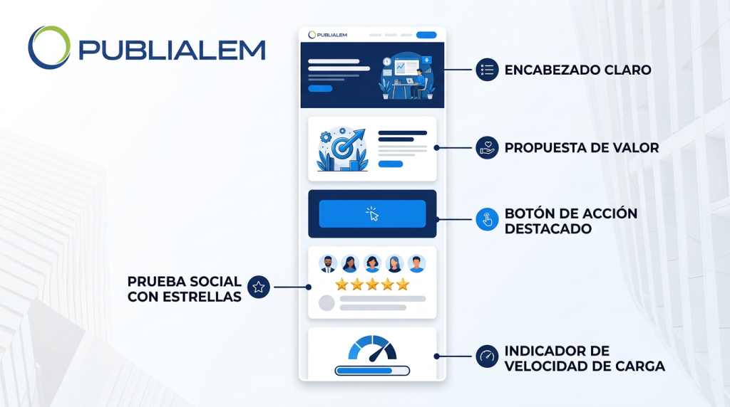 Elementos de una web que convierte: encabezado, propuesta de valor, CTA, prueba social y velocidad