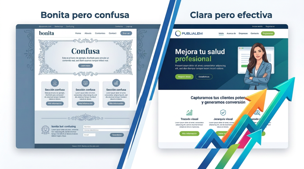 Comparación entre una web bonita que no convierte y una web clara que sí vende