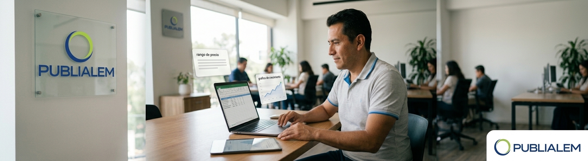 Dueño de negocio mexicano evaluando el costo de una página web profesional en su laptop en una oficina moderna.