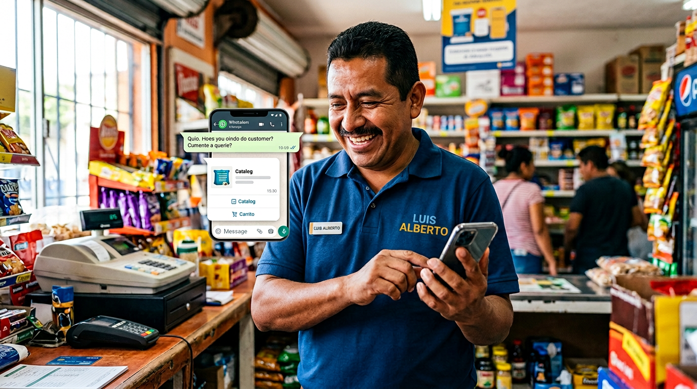 Dueño de PyME vendiendo por WhatsApp Business desde su celular