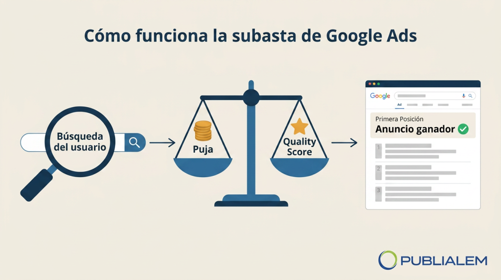 Infografía de cómo funciona la subasta de Google Ads y el Quality Score