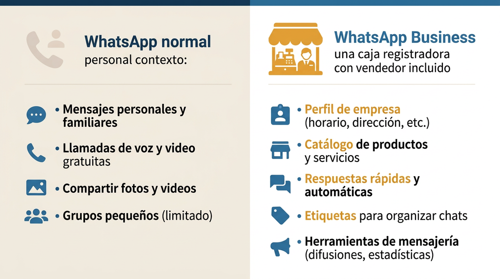 Infografía comparando WhatsApp normal y WhatsApp Business