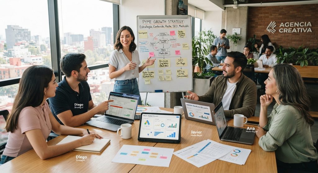 Equipo de agencia de publicidad planeando estrategia, contenido, pauta y medición para una PyME