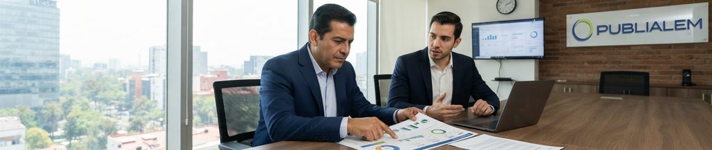Empresario mexicano y estratega de agencia revisando un reporte de resultados antes de firmar contrato