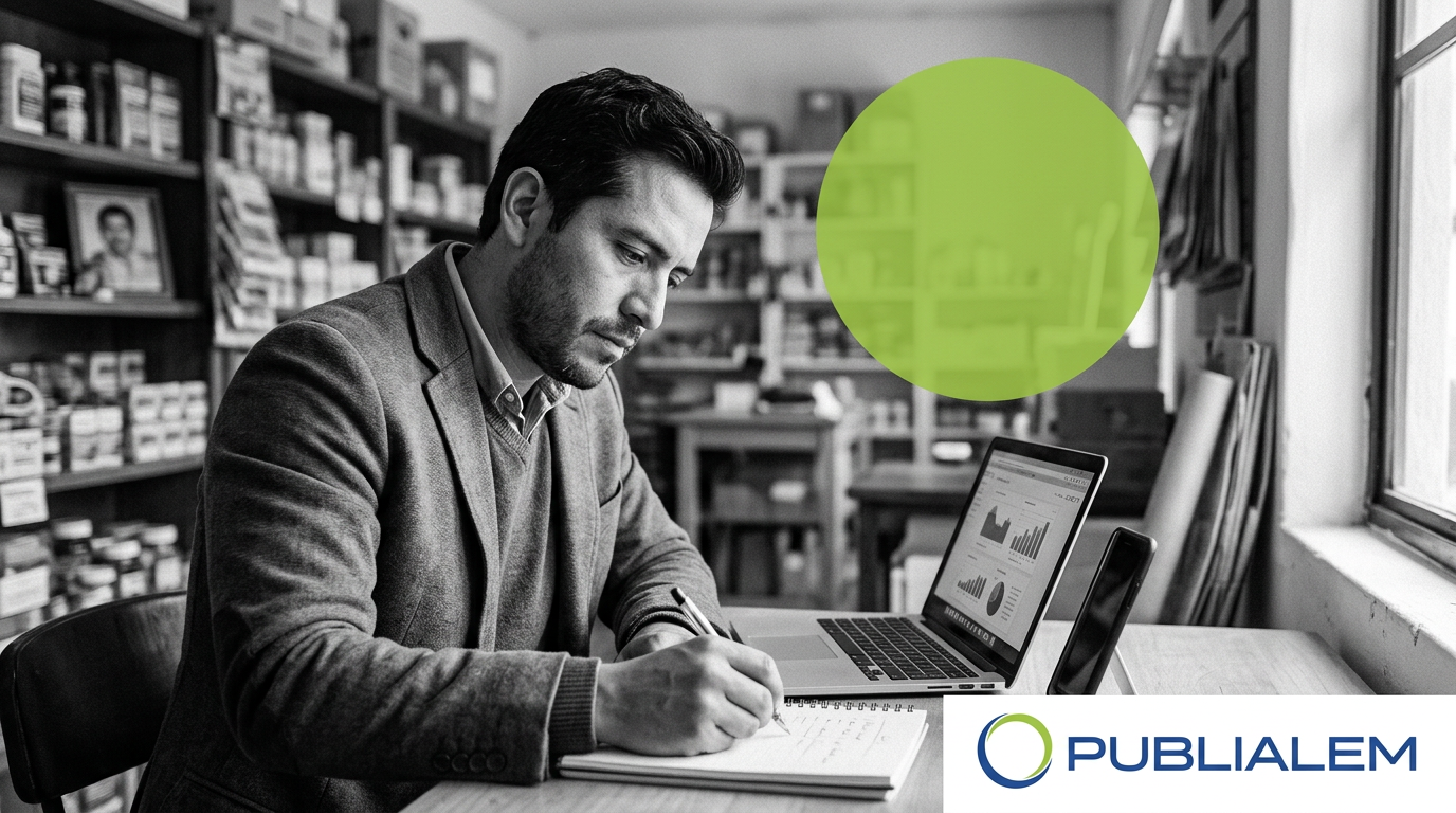Dueño de PyME mexicana planeando su marketing digital con una libreta y una laptop