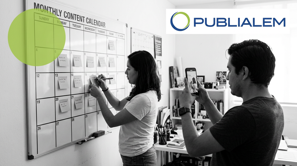Equipo pequeño organizando un calendario de contenidos con notas adhesivas en la pared