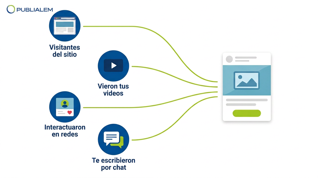 Las cuatro audiencias de remarketing: visitantes del sitio, video, redes sociales y chat