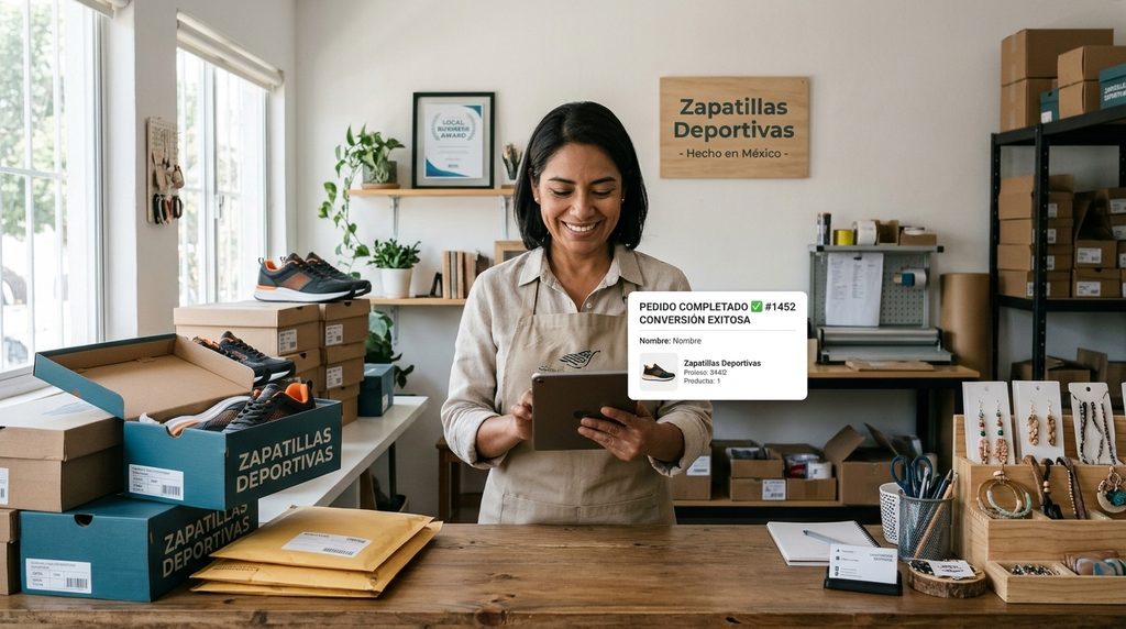 Empresaria o dueña de negocio celebrando una conversión exitosa o pedido completado en su tienda online.